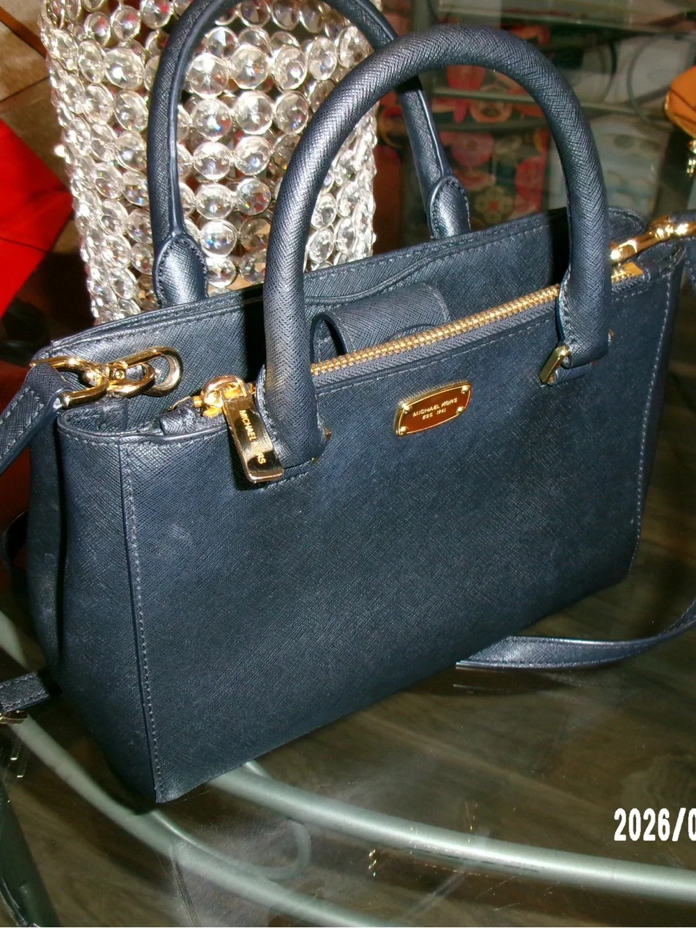 Michael Kors Navy Saffiano Crossbody Satchel with Gold Hardware